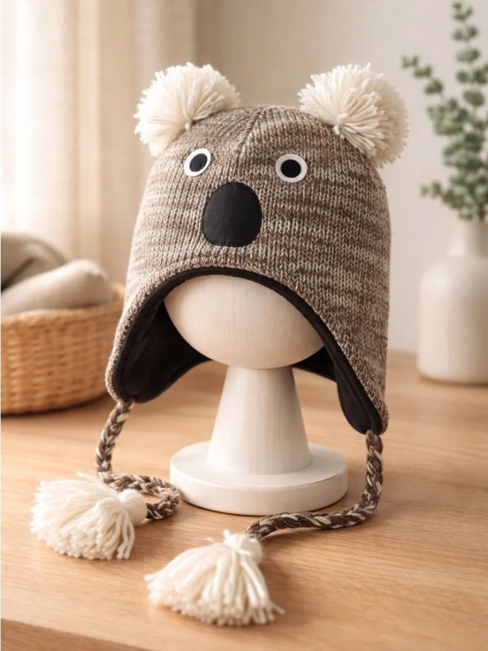 NWOT Girls Beown Koala Bear Pom Pom Beanie Knit Winter Hat